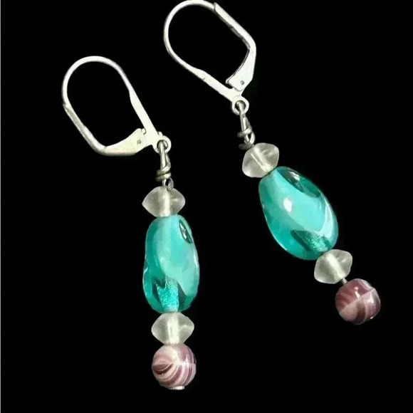 Glass bead earrings vintage Czech turquoise lever back dangle earrings - Picture 2 of 3